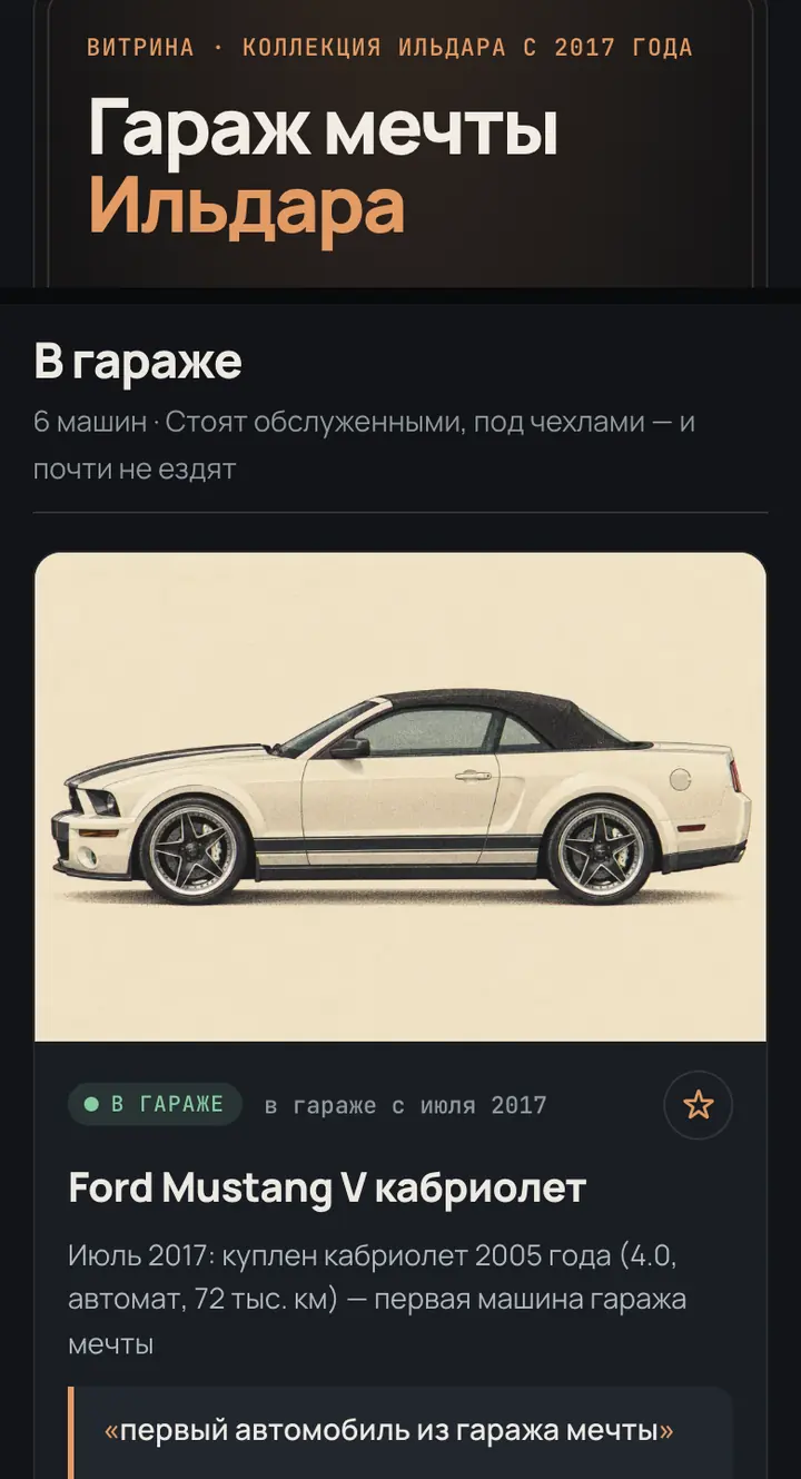 Скриншот: витрина «Гараж мечты Ильдара», карточка Ford Mustang V кабриолет
